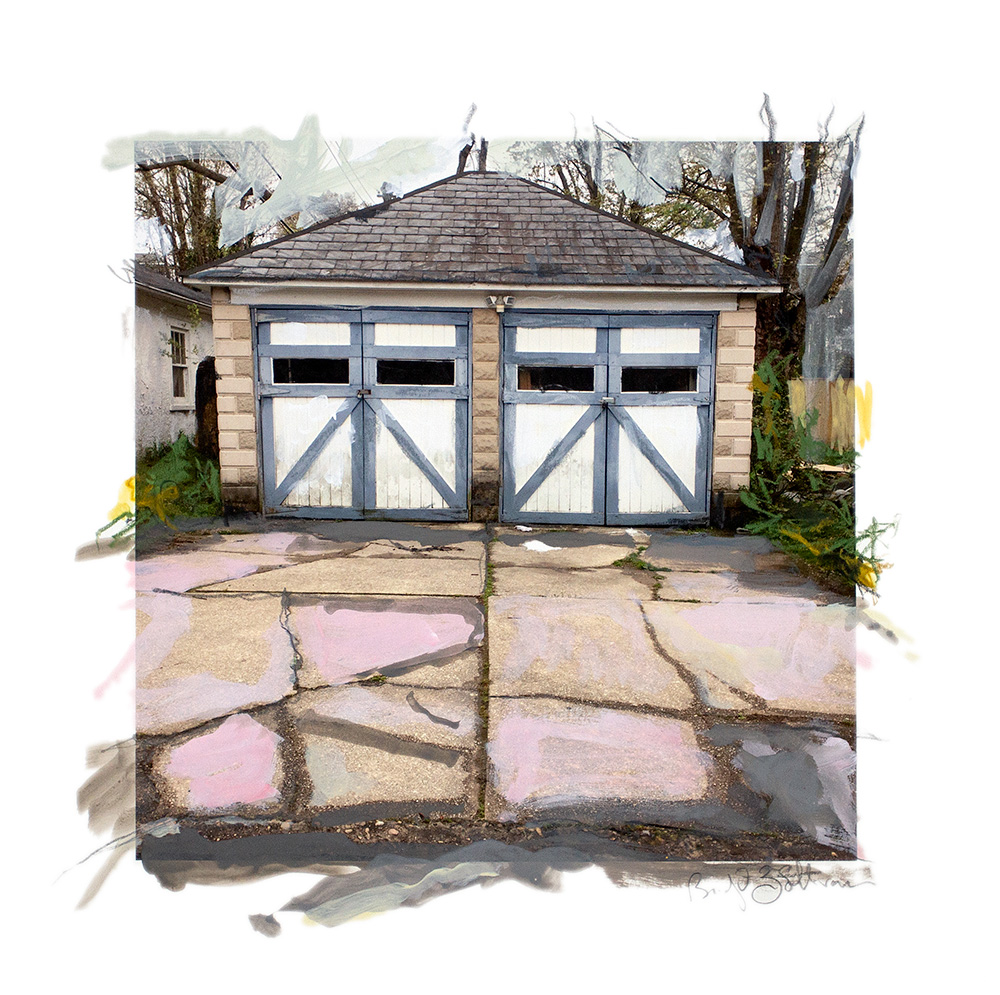 photograph with mixed media, old two car garage in state of decay