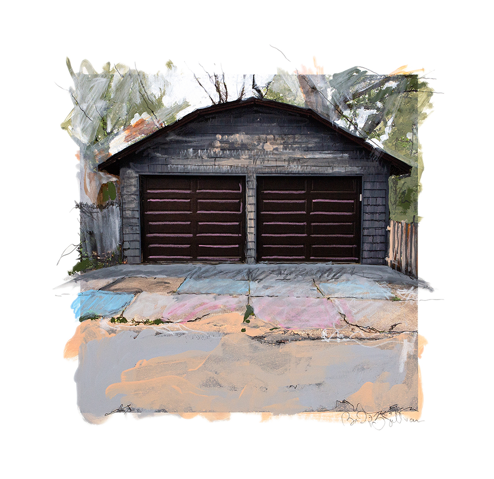 photograph with mixed media, old two car garage