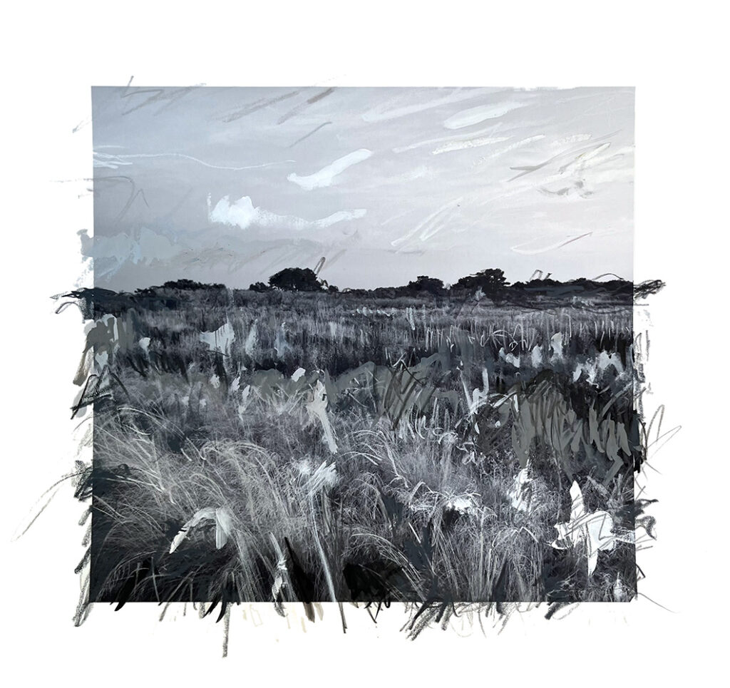 Mixed media photograph of beach landscape. Marks made with acrylic and pastel. Image is predominately black and white.