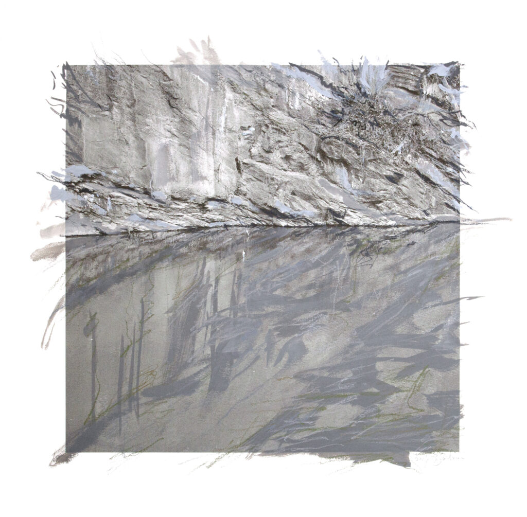 mixed media photograph with acrylic and pastel marks depicting waters edge near rock face. 