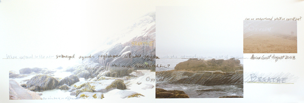 foggy ocean shoreline Maine collaged images with expressive pastel lines and text drawn on the image